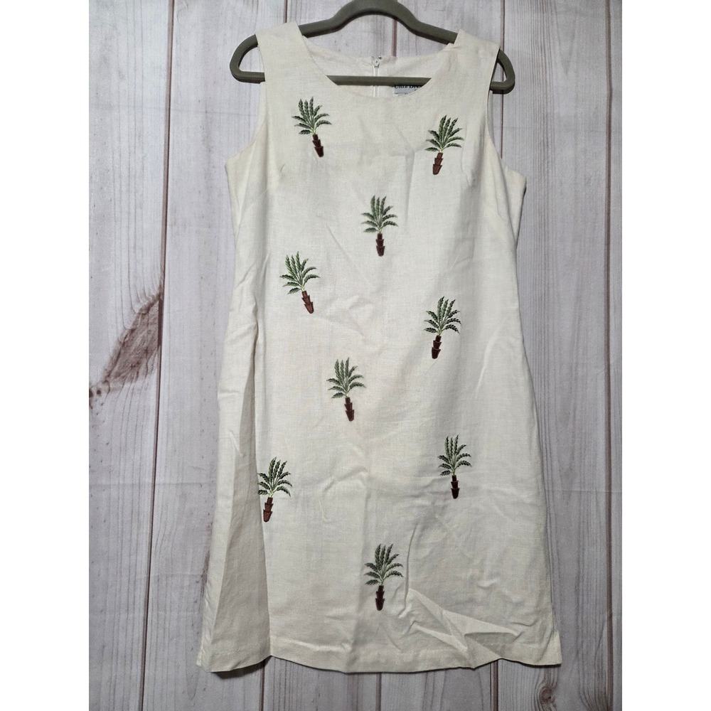 Ultra Dress New York Palm Tree Embroidered Linen Blend Shift Dress Ivory Size 10